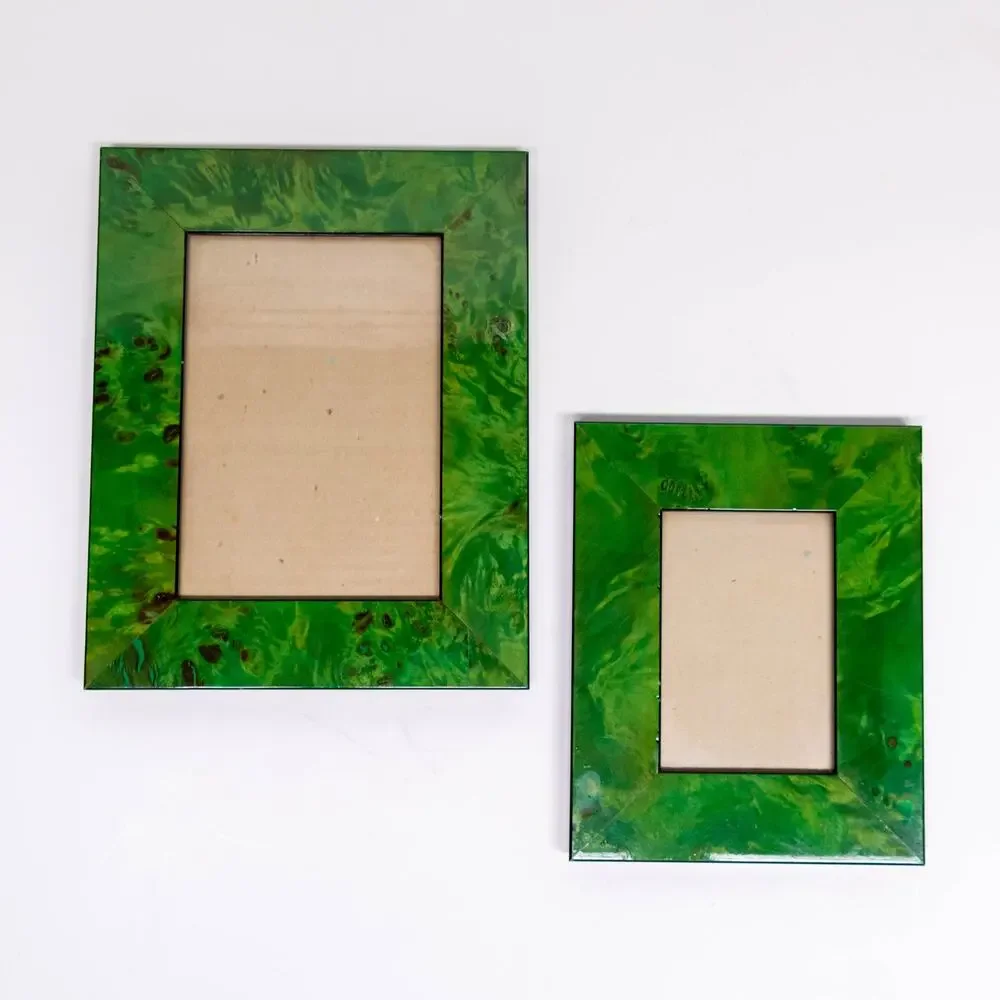 Vintage 80s Green Faux Malachite Picture Frames Pair Hollywood Regency Taiwan